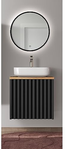 Lomadox Badezimmer Waschplatz Set mit 60 cm Waschtisch, Spiegel mit Beleuchtung in schwarz mit Lamellenfront, Eiche Nb., B/H/T: ca. 60,4/200/45,5 cm
