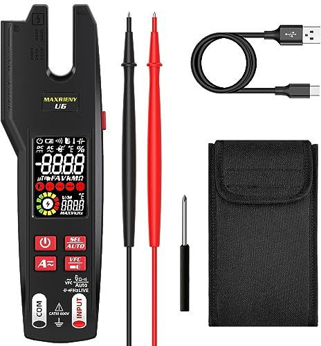 MAXRIENY Offene Stromzange AC DC 600A mit Automatisches Multimeter Digital 9999 Zähler und IR Thermometer, Gleichzeitige Messung von Strom und Spannung, Aufladbarer Spannungsprüfer Kapazitätsmesser