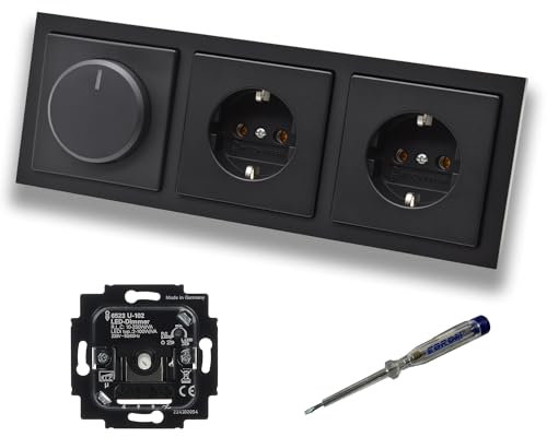 Busch Jäger 6523U-102 LED Drehdimmer Dimmer + Dimmerscheibe 6540-885-102 und 2 x Steckdose 20EUC-885 in Future Linear schwarz matt inklusive EBROM Phasenprüfer zur Montage der Geräte 6523 U – 102