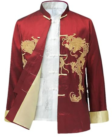 Traditional Chinese Style Embroidery Dragon Hanfu Blouse Tang Suit Men's Kung Fu Tops Jackets Cheongsam Year Coats Red Jacket M
