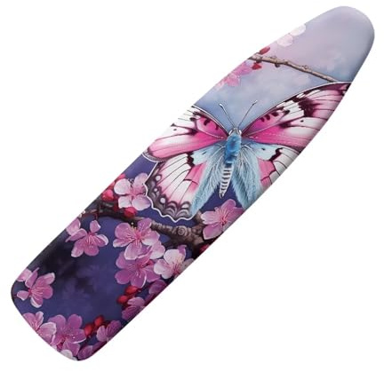 NETILGEN Copriasse da stiro moderno, resistente alle bruciature, antiscivolo, lavabile in lavatrice, taglia XXL, adatto per assi fino a 150 x 55 cm, farfalla rosa e fiore