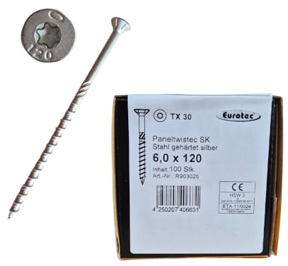 Vis ossature bois 6x120 mm - vis charpente et assemblage bois - anti corrosion 1000 heures - Eurotec Paneltwistec 1000 - Tête conique - Torx TX30 - Boîte de 100 vis