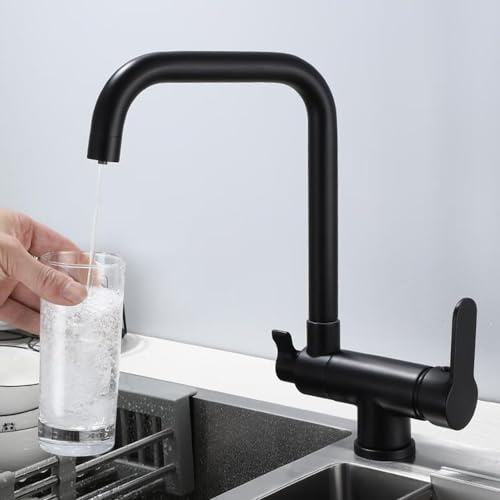 Küchenarmatur 3 Wege, Wasserhahn Küche Klappbar Vorfenster, 360° Schwenkbar 2 Griffe Messing Spültischarmatur 3 Wege-Schwarz