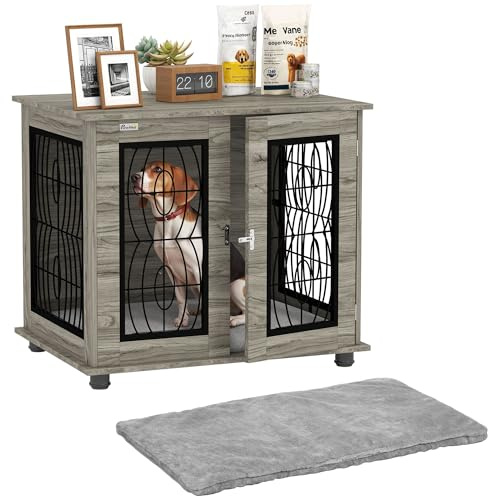 PawHut Dog Crate Furniture for Medium Breeds, 80 x 56 x 63 cm, Grey | Dog Cage, Soft Washable Cushion, Furniture-Style Pet Kennel, Indoor House End Side Table