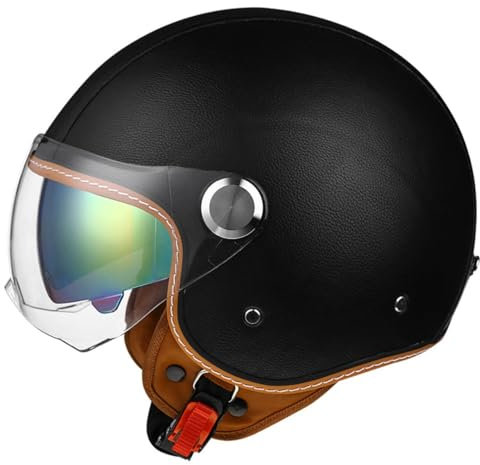 Vintage Cuir Casque De Moto Jet pour Homme Et Femme avec Anti Scratch Visiere Portable Casque Moto Bols ECE Homologué Face Ouverte Casque Mobylette Adulte Demi Casque 4,XXL:63-64CM