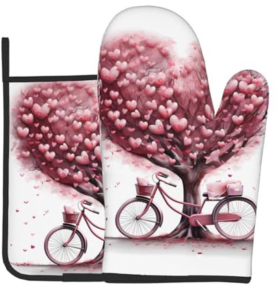 YYHWHJDE Set di 2 guanti da forno e presine per la festa della mamma, San Valentino, romantici cuori con albero e bici, stampati di qualità, per aprire i coperchi delle pentole in cucina