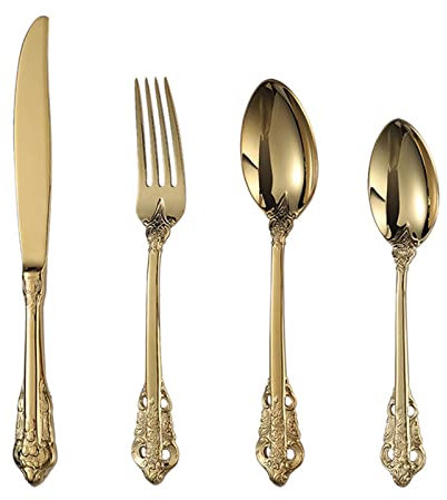 Set di posate Coltelli, forchette e cucchiai della corte imperiale Coltelli e forchette da bistecca in acciaio inossidabile goffrato retrò cavo dorato Stoviglie Cucchiaini da caffè Set di posate