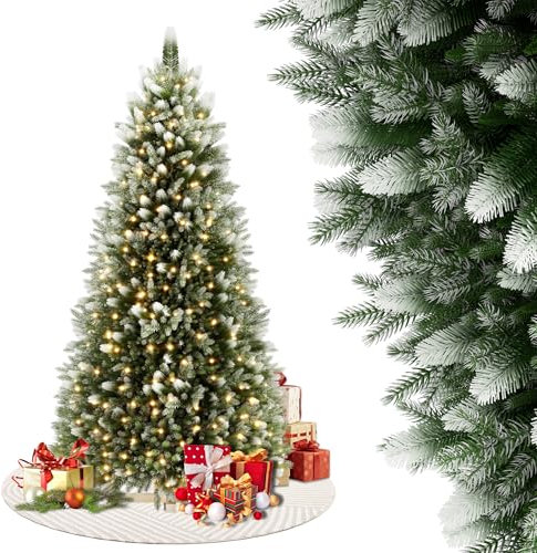 FIVMEN Weihnachtsbaum Künstlich mit Beleuchtung 180 cm PVC/PE Tannenbaum Christbaum Naturgetreu mit Schnee Spitzen und Holzsockel Weihnachtsbäume Christmas Tree Weihnachtsdeko