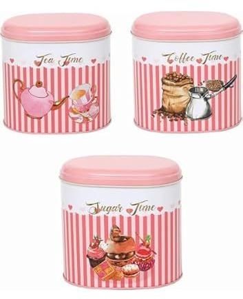 Nobel Retro Set of 3 Stainless Steel PINK Tea Coffee Sugar Jar Canisters Kitchen Container Tins Storage Organiser Set Air Tight Morden Design (PINK - OVAL)