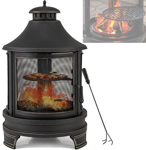 Chimenea para exteriores con chimenea de parrilla de barbacoa y protección contra chispas, estufa de leña, quemador de chimenea para patio, jardín, calentador para entretenimiento al aire libre (A)