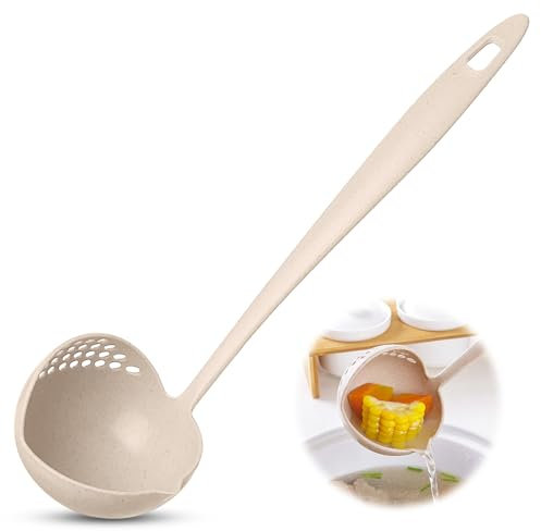 Cucharón con colador de filtro, cucharón de sopa 2 en 1 para servir fácilmente sopa, guiso, salsa, colador separa líquidos de sólidos (beige)