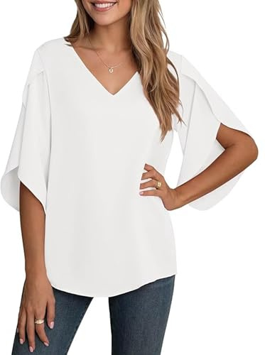 YGJIEGENG Women's Chiffon Blouse Ladies Tops Elegant Casual Loose 3/4 Ruffled Split Sleeve V Neck Summer Blouse T Shirts,White, Medium