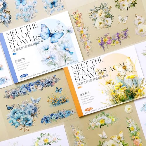 Adesivi Scrapbooking Stickers Aesthetic, 250Pz/36 Fogli Adesivi di Fiori& Farfalla Per Scrapbooking Decorativa per Album, Calendario, Journaling(Fiore Serie 2)