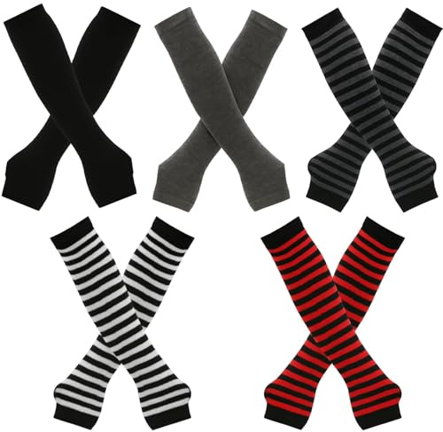 5 Pairs Long Fingerless Gloves for Women, Arm Warmers Emo Style, Stretchy Knitted Gloves with Thumb Hole,Winter Accessories, Ideal for Typing, Outdoor Activities,Cosplay and Fashion