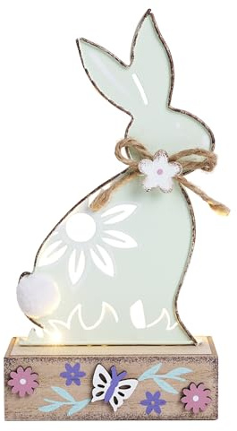 Valery Madelyn Osterdeko Hasen Figuren mit LED Timer aus Rost Metall,Holz Sockel,mit Frühlingsdeko Blumen Schmetterlinge,Beidseitig Grün,für Innen Tischdeko Fensterbank, Ostern Geschenk,19cm