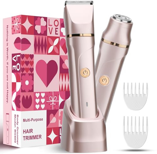 VEGITERIA Bikini Trimmer for Women 2 in 1 Electric Razors Shaver Facial Hair Removal for Women Pubic, Armpit, Face &Precision Areas, IPX7 Waterproof,Rechargeable Dock, Rose Golden