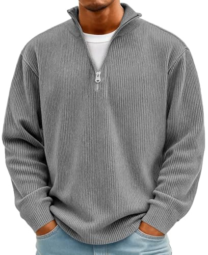 Generisch Pullover Herren Cord Strickpullover 1/4 Zip Pulli Bequem Weich Warmer Winter Pullover für Männer mit Stehkragen mit Reißverschluss