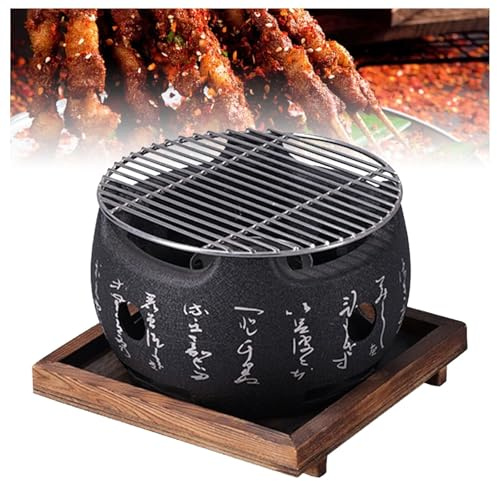 Poêle à charbon de bois japonais, gril de table Hibachi portable, four à charbon Yakitori avec planche en bois isolée for le camping, les réunions de famille, les pique-niques