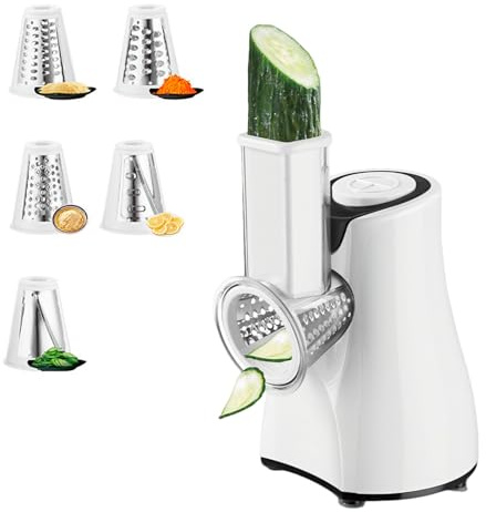 Rapeuse legume Electrique 5-en-1,800W Découpe légumes,Rapeuse Legume avec 5 lames Tambour Interchangeables,Hachoir Électrique pour Fromage,Carottes,Fruits,Pommes de Terre,Concombres (Blanc)