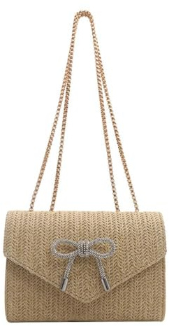 QKEPCY Sac à Main en Paille Femme Sac Enveloppe Tissé d’Été avec Chaîne et Nœud Papillon Strass Brillant Sacs à Bandoulière pour Voyages et Trajets