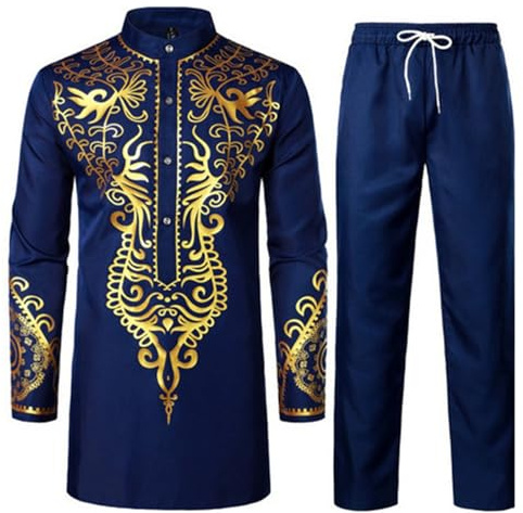 RUMAOZIA Set da uomo africano Abbigliamento musulmano Stampa oro Dashiki Camicia africana e pantaloni Abbigliamento da preghiera per gli uomini Abito tradizionale casual etnico Ramadan, O blu scuro