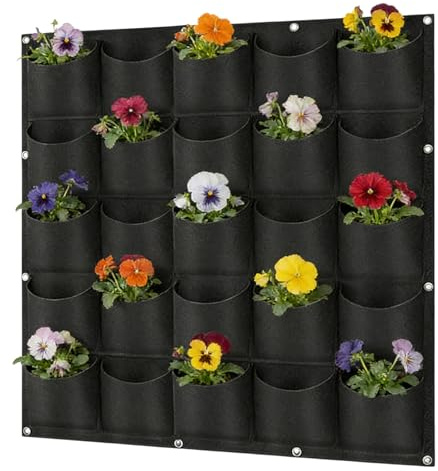 BORDEAG Sacs de plantation à suspendre, sacs de plantation muraux, avec 25 poches, réutilisables, sacs de croissance verticaux pour jardins, balcons, cours, intérieur/extérieur, noir, 1 m x 1 m