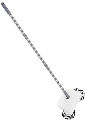 Barredora manual, soporte de suelo, barredora de alfombras sin electricidad, 2 en 1 para suelo y moqueta, color blanco, multifunción, con mango largo de 102 cm, 2 escobas laterales