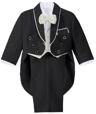 Lito Angels Ensemble 5 Pieces Costume de Smoking Noir pour Enfant Garcon, Mariage Ceremonie Fete, avec Gilet et Noeud Papillon Jacquard Or, Taille 3-4 Ans