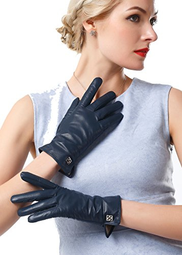 NappaNovum Damen Italienische Lederhandschuhe Lammfell Winter Komfort Handschuhe (Touchscreen oder Nicht-Touchscreen), Dunkelmarineblau, Medium