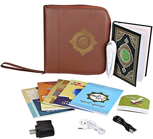 Coran avec Stylo Lecteur Mot à Mot Tafsir, Sahih Bukhari, Sahih Muslim Stylo Lecteur numérique de Coran Mot pour avec enregistreur Vocal Traduction Dictionnaire Parlant Plus 5 Livres Leather Bag