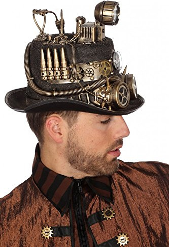Schwarzer Steampunk Zylinder mit Bronze-Verzierungen und Goggles Gr. 59 Herren Hut Zahnräder Patronen, Variante:Grubenlampe