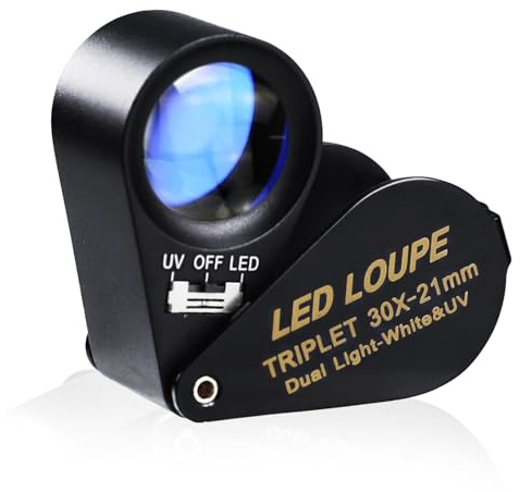 30X Juwelier Lupe 21mm Vergrößerungsglas mit 6 LED & UV-Licht Lupe Taschenlupe mit Licht Triplet Optikglas Objektiv Lupe Edelstein Juwelier Tragbares Handlupe mit Licht
