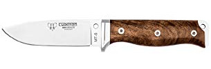 Cudeman Cuchillo 120-G MT-5 hoja de acero inoxidable Böhler N-695 de 11 cm empuñadura de nogal pulido de 11,5 cm funda de cuero para caza, pesca, supervivencia y bushcraft + Portabotellas regalo