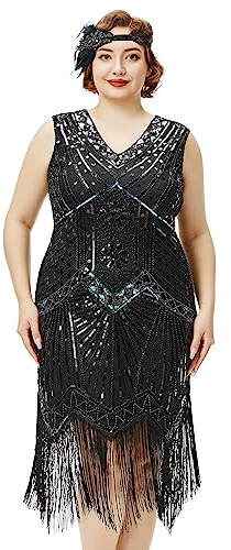 BABEYOND Robes de soirée pour Femmes - Grande Taille - Robe Gatsby des années 1920 dotée d'un col en V, de Perles et de Franges, Noir Glamour, XX-Large