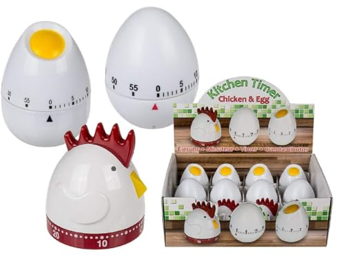 36x Plastic Timer Egg & Chicken Egg Timer Approx. 8 x 7 cm, 3 Assorted Designs, 12 Items in Display