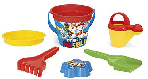 Wader 81137 – hinkset Paw Patrol med hink, sil, vattenkanna, spade, kratta och sandform, 6 delar, perfekt som en gåva för kreativt spel