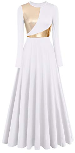 Women Metallic Praise Dance Dress Liturgical Church Worship Costume Bell Long Sleeve Bi Color Lyrical Robe Dancewear for Adults Cross Inspired Tunic Traditional Praisewear White-02 S