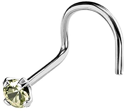 22G Solid 14Kt Gold Nose Screw Stud with Prong Set real Peridot Gemstone, 14kt Yellow Gold or 14kt White Gold - August Birthstone Nose Ring-NSWG_PD-2MM