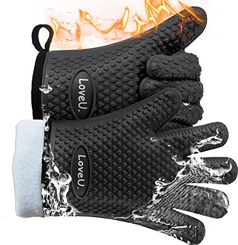 Loveuing Guanti da forno da cucina, a doppio strato, resistenti al calore, guanti da forno in silicone con 5 dita, impermeabili, antiscivolo, per barbecue, cucina, cottura (S, nero)