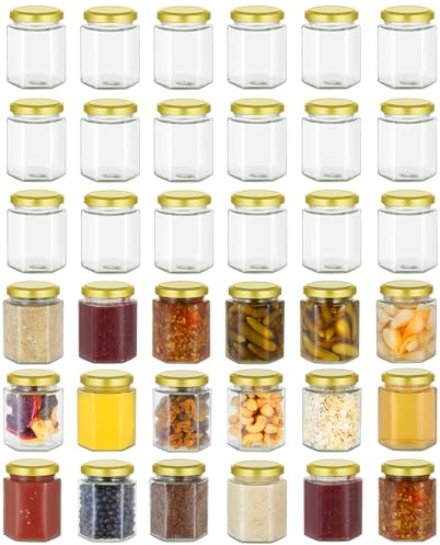 Artist Hand Glass Jam Jars with Lids 36 Pack 196ml, Hexagonal Honey Jars | 7oz Capacity, Storage Jars, Pickles Chutneys Marmalade Jars, Screw Gold Lid