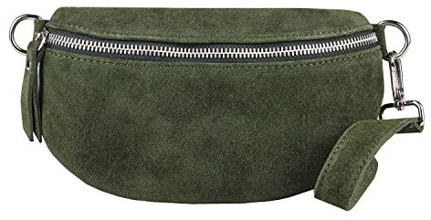 Made in Italy OBC Damen Leder Tasche Gürteltasche Crossbody Hüfttasche Bauchtasche Hüfttasche Umhängetasche Cross-Over Bodybag Schultertasche Handytasche Geldtasche (Dunkelgrün (Wildleder))