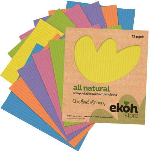 EKOH Swedish Dishcloths 12 Pack - Compostable Eco Sponge Cloths for the Kitchen - Paper Towel Alternative - Multipurpose Cleaning Cloths (Rainbow Brights, Rainbow Bright Colours 12 pack)