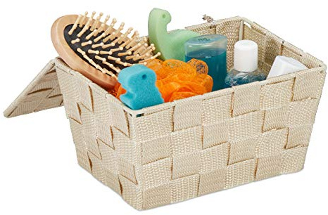Relaxdays Aufbewahrungskorb mit Deckel, Flechtoptik, Bad Organizer HxBxT: 10,5 x 19,5 x 14,5 cm, Kunststoff, Farbauswahl