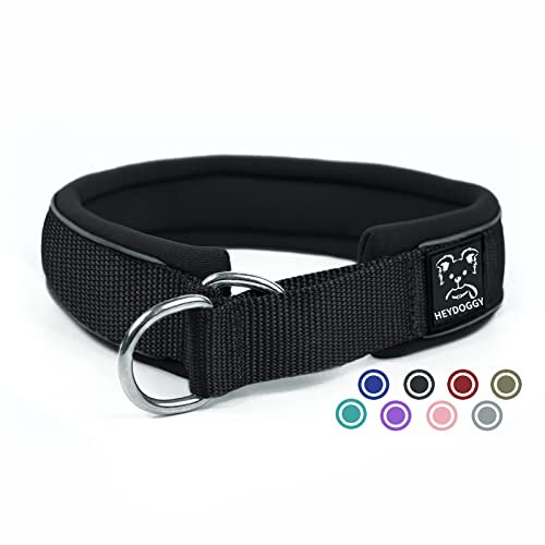 Weich Neopren Gepolstert Hundehalsband (4cm Breite) Reflektierend Hund Halsband mit Robust Nylon & Zugstopp, Bequem Zughalsband Dressurhalsband für Kleine Mittlere Große Hund Anti-Zug Walken L,Schwarz