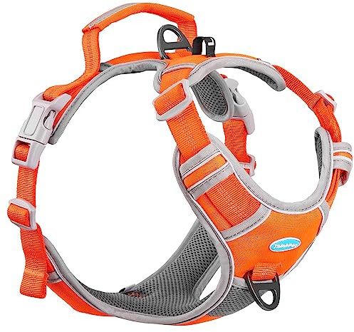 ThinkPet Hundegeschirr gegen Ziehen, atmungsaktiv, mit Griff, reflektierend, verstellbar für mittelgroße und große Hunde, Clip hinten/vorne für einfache Kontrolle, Neonorange, Größe L