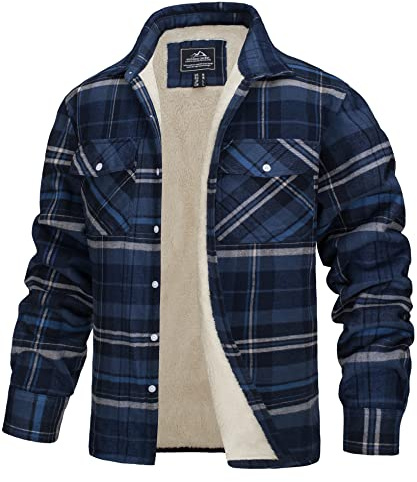 TACVASEN Mens Fleece Jackets Winter Work Jacket Lumberjack Jackets with Button Pockets Casual Checkered Shirts Blue Grey XXL