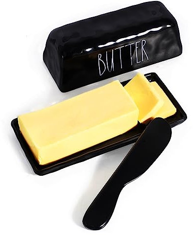 TP Butter Dish with Lid, Melamine Butter Holder for Countertop with Knife, Butter Keeper Container with Cover, Unbreakable Durable Dishwasher Safe, Black