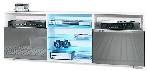 Vladon Meuble TV Granada, Lowboard avec 2 Portes et 6 Compartiments Ouverts, Corps Blanc Mat, façades en Gris Haute Brillance avec éclairage LED RVB (146 x 54 x 35 cm)