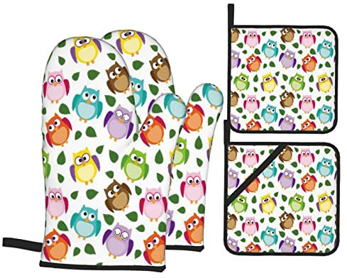 Mitaines de Four et maniques Ensemble de 4 Motif Hibou avec Feuilles fermées Yeux croisés Humour drôle Bande dessinée Artistique Gant de Cuisine résistant à la Chaleur