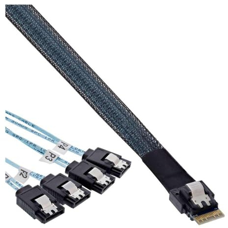 InLine Slim SAS Kabel, SFF-8654 4i zu 4x SATA 7-pin, 12Gb/s, 0,5m, interne Verbindung für SAS Controller zu SATA HDD SSD, platzsparend, 27646A
